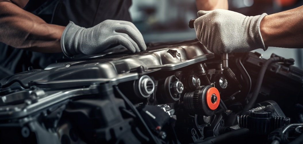 Ein professioneller Mechaniker arbeitet an einem Automotor in einer Werkstatt. Autoreparaturservice. Die Hände tragen Mechanikerhandschuhe. Mechaniker hält ein Werkzeug zum Festziehen der Mutter. Motorabdeckung.